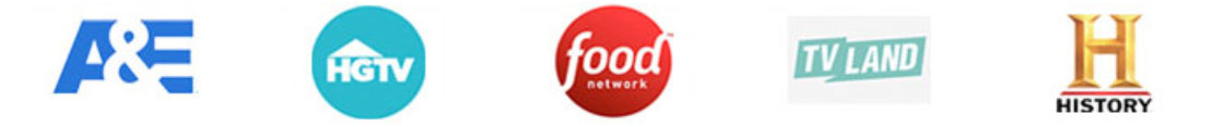 logoset-2-crop montage of A&E, HGTV, Food Network, TV Land, and History Channel logos showing companies Paul has worked with